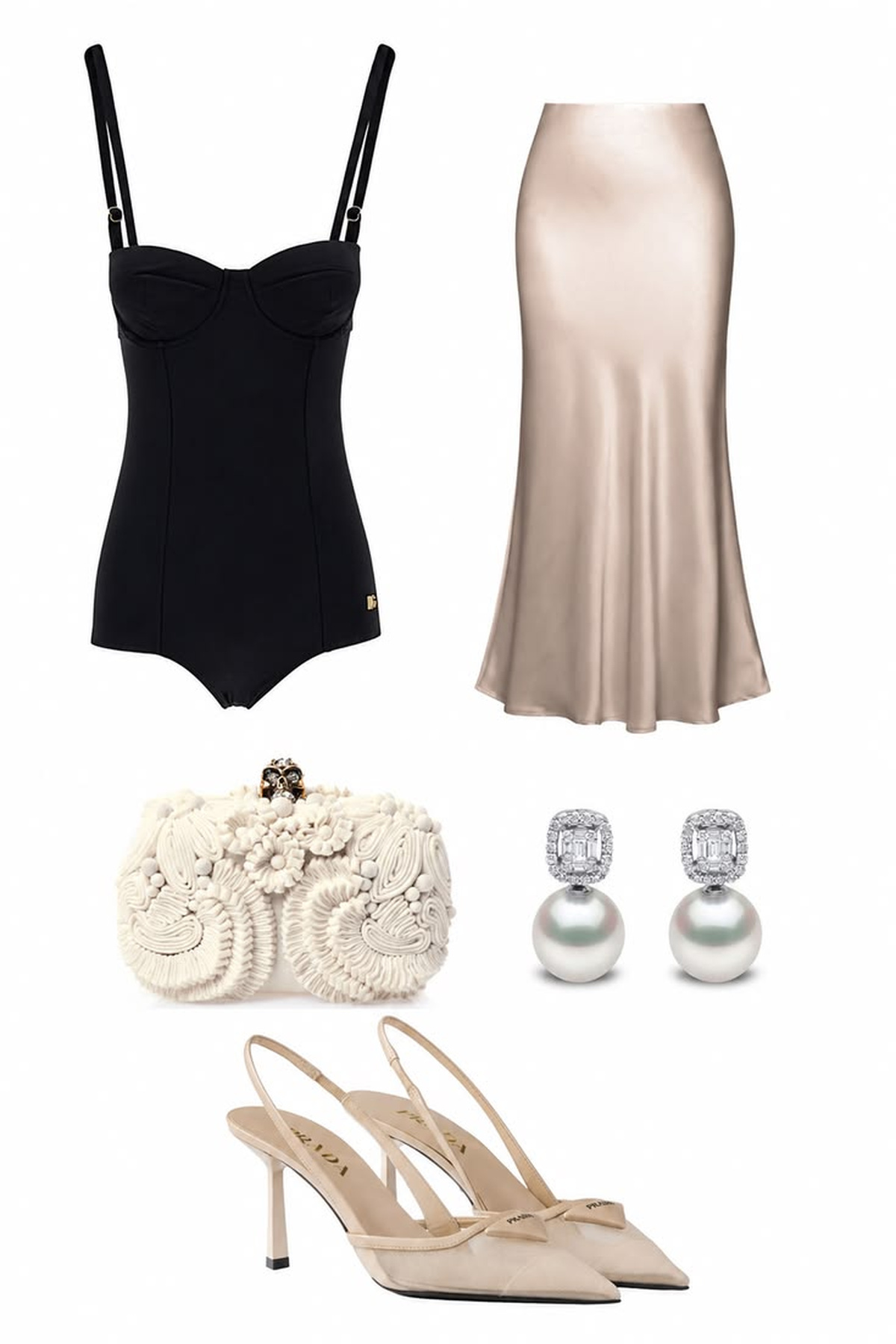 Black fitted bodysuit with a champagne satin midi skirt, ivory clutch, pearl earrings, and nude slingback heels.