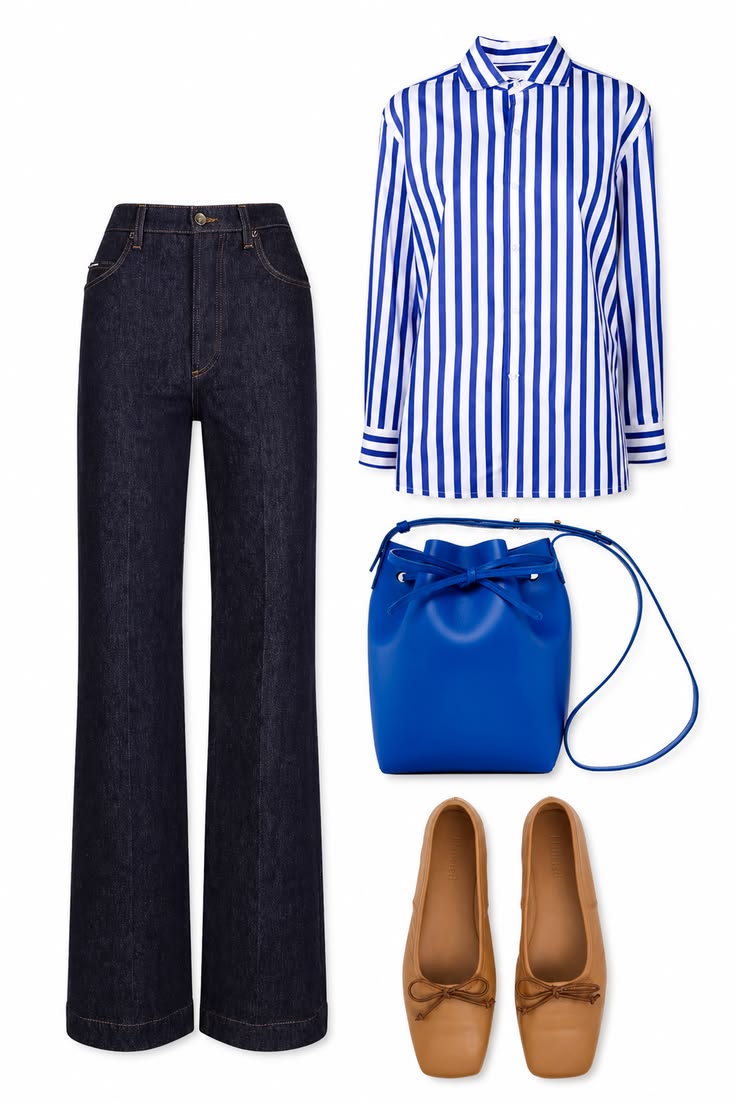 Dark indigo wide-leg jeans styled with a blue-and-white striped shirt, cobalt bucket bag, and tan ballet flats for a capsule wardrobe palette.