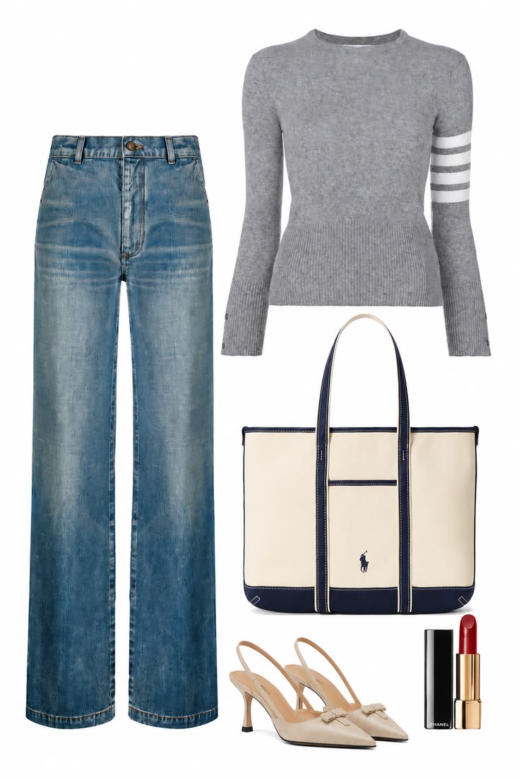 Light-wash jeans with a grey knit, cream-and-navy tote, neutral slingback heels, and red lipstick in a practical capsule wardrobe palette.