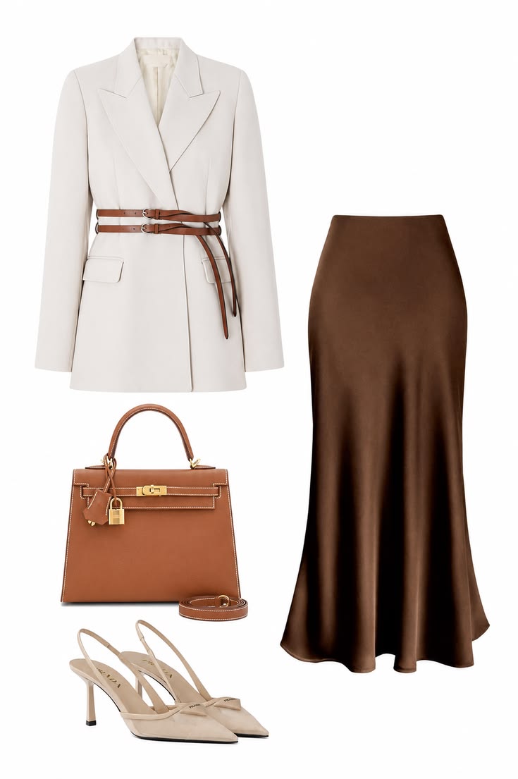 Ivory belted blazer with a chocolate satin midi skirt, caramel structured bag, and neutral slingback heels illustrating paired capsule wardrobe neutrals.