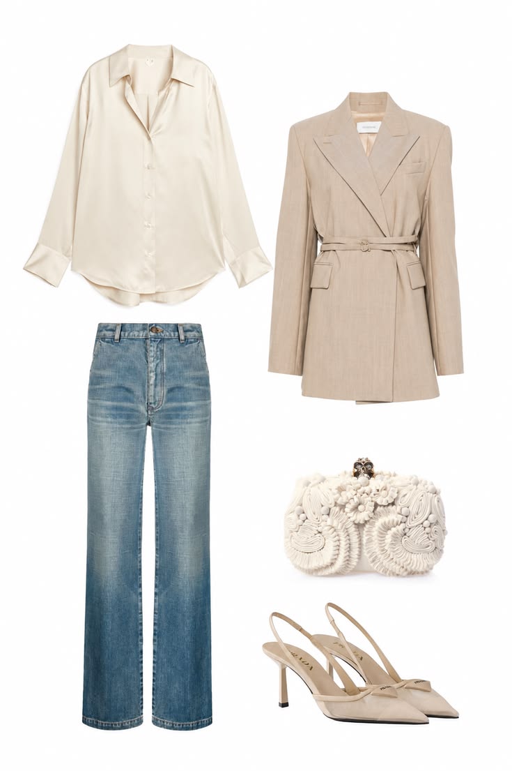 Ivory satin shirt, beige belted blazer, light blue jeans, ivory clutch, and neutral slingback heels in a balanced capsule wardrobe palette.