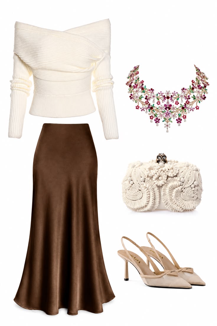 Ivory off-shoulder knit with a chocolate satin skirt, cream clutch, neutral slingback heels, and multicolor floral necklace.