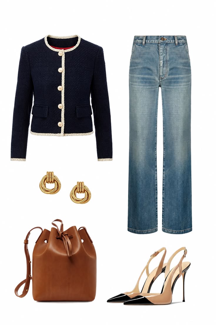 Navy tweed jacket, light-wash jeans, cognac bucket bag, gold earrings, and black-and-neutral slingback heels.