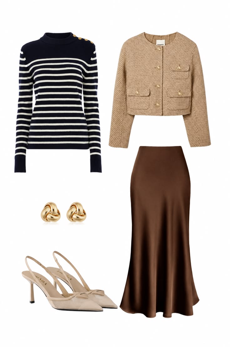 Navy-and-ivory striped knit with a beige tweed jacket, chocolate satin midi skirt, gold earrings, and neutral slingback heels.