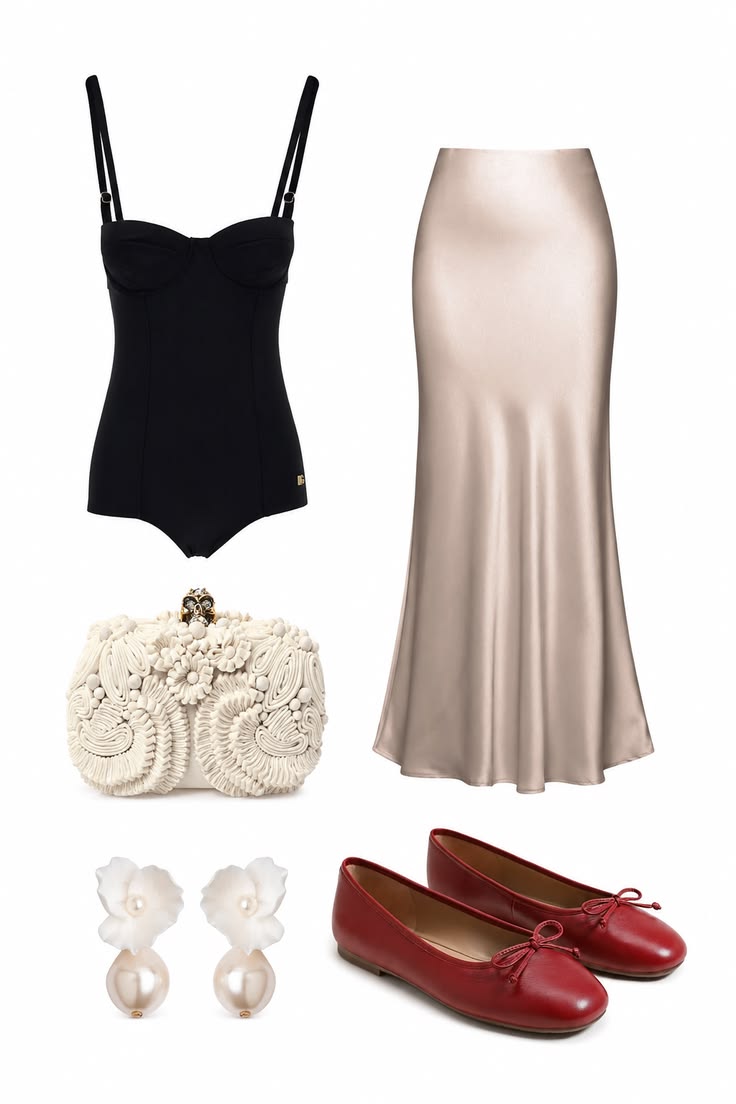 Black fitted bodysuit with a champagne satin skirt, ivory clutch, red ballet flats, and pearl floral earrings.