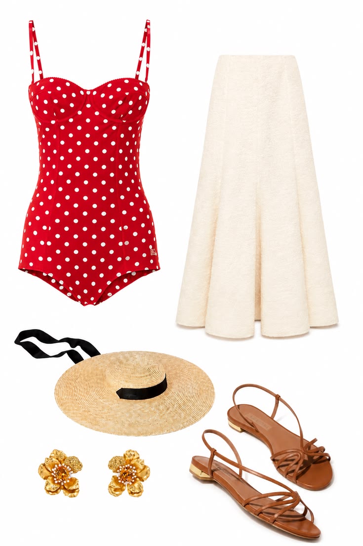 Red polka-dot fitted top with an ivory midi skirt, straw hat, tan sandals, and gold floral earrings for a summer capsule palette.