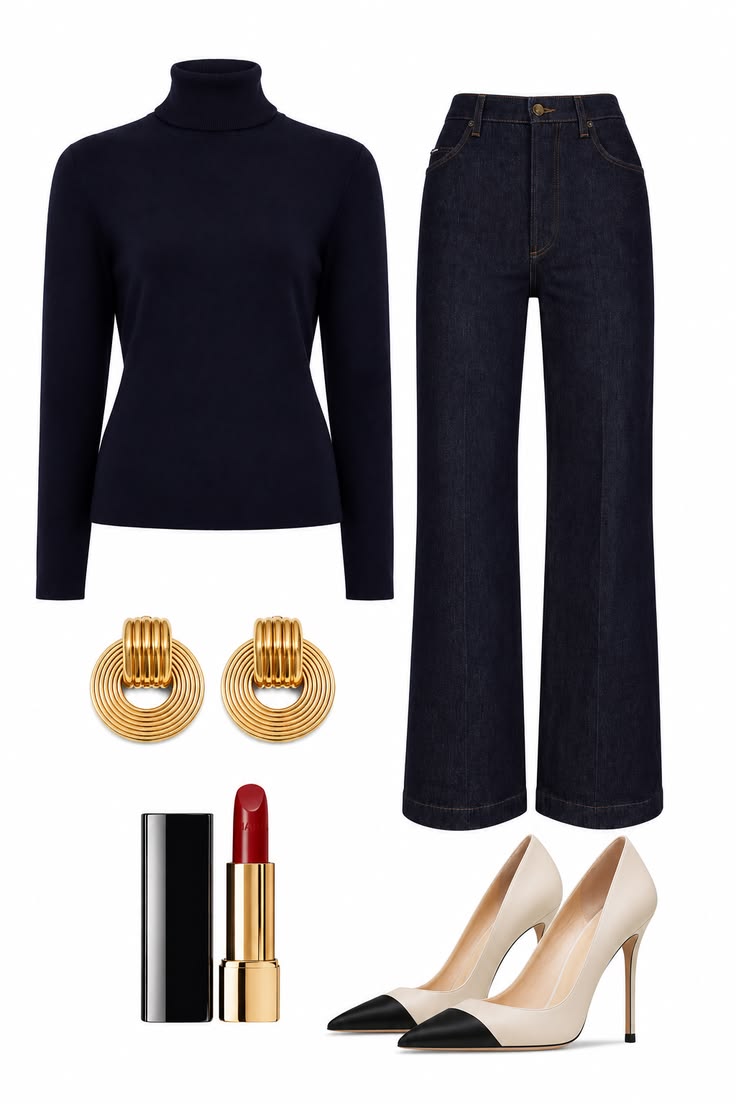 Navy turtleneck and dark indigo wide-leg jeans styled with gold earrings, red lipstick, and ivory-and-black cap-toe pumps.