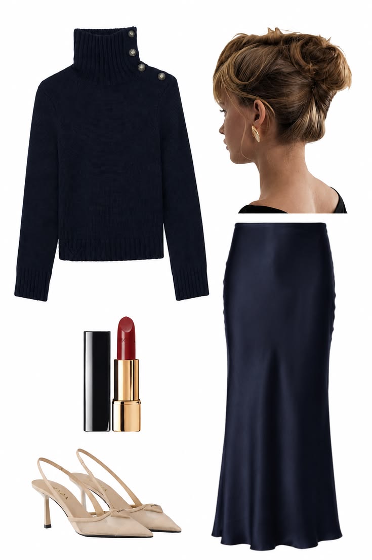 Navy capsule wardrobe color palette with a button-detail turtleneck, satin midi skirt, nude slingback pumps, gold earrings, and red lipstick.