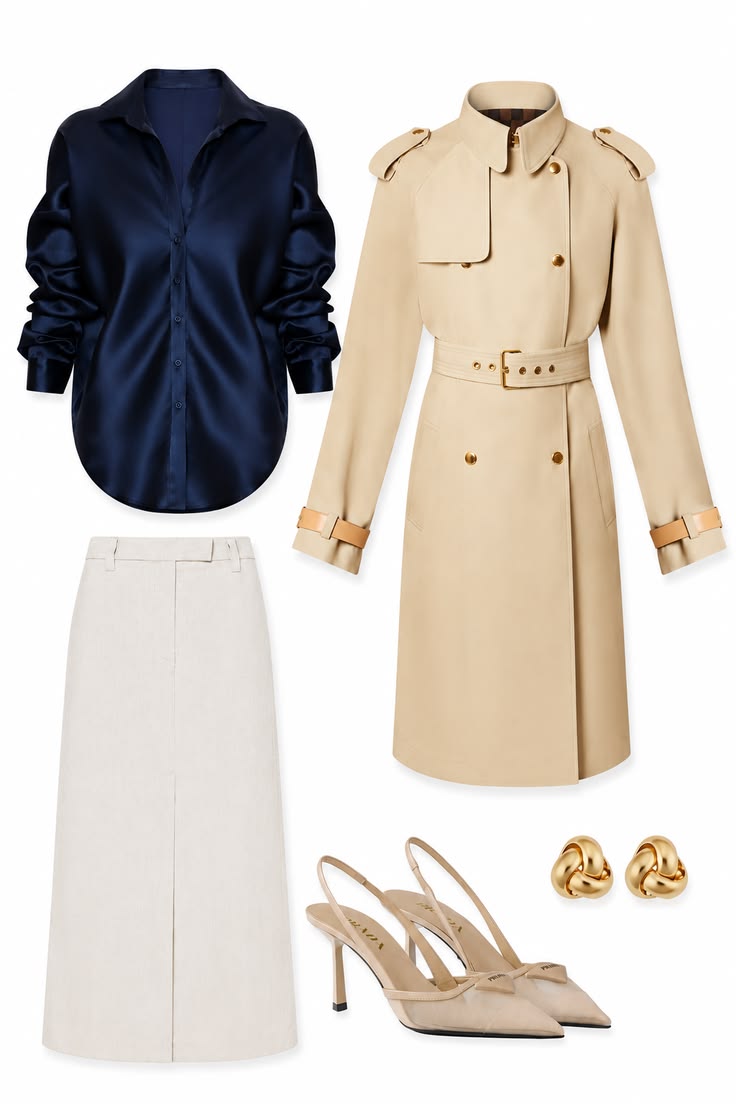 Classic beige trench coat styled with a navy satin shirt, ivory midi skirt, neutral slingback heels, and gold earrings.