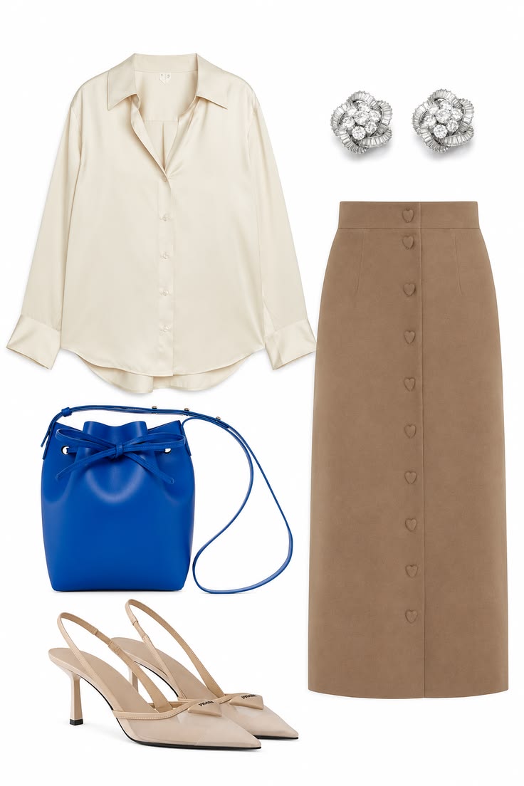 Fluid ivory button-down shirt styled with a taupe button-front midi skirt, cobalt bucket bag, crystal earrings, and neutral slingback heels.