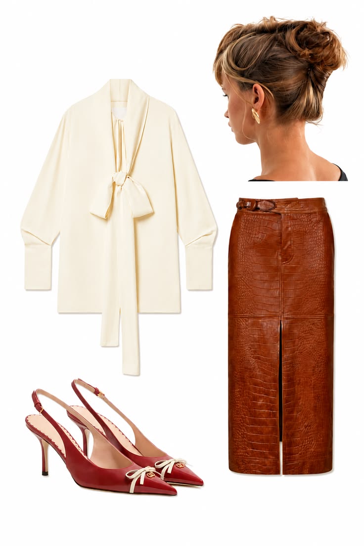 Cognac textured midi skirt styled with an ivory tie-neck blouse, red slingback heels, and a softly pinned updo.