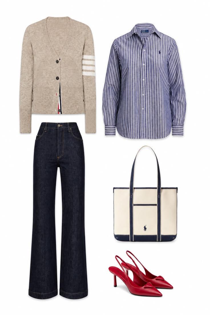 Fine-gauge taupe cardigan styled with a blue striped shirt, dark wide-leg jeans, navy canvas tote, and red slingback heels.