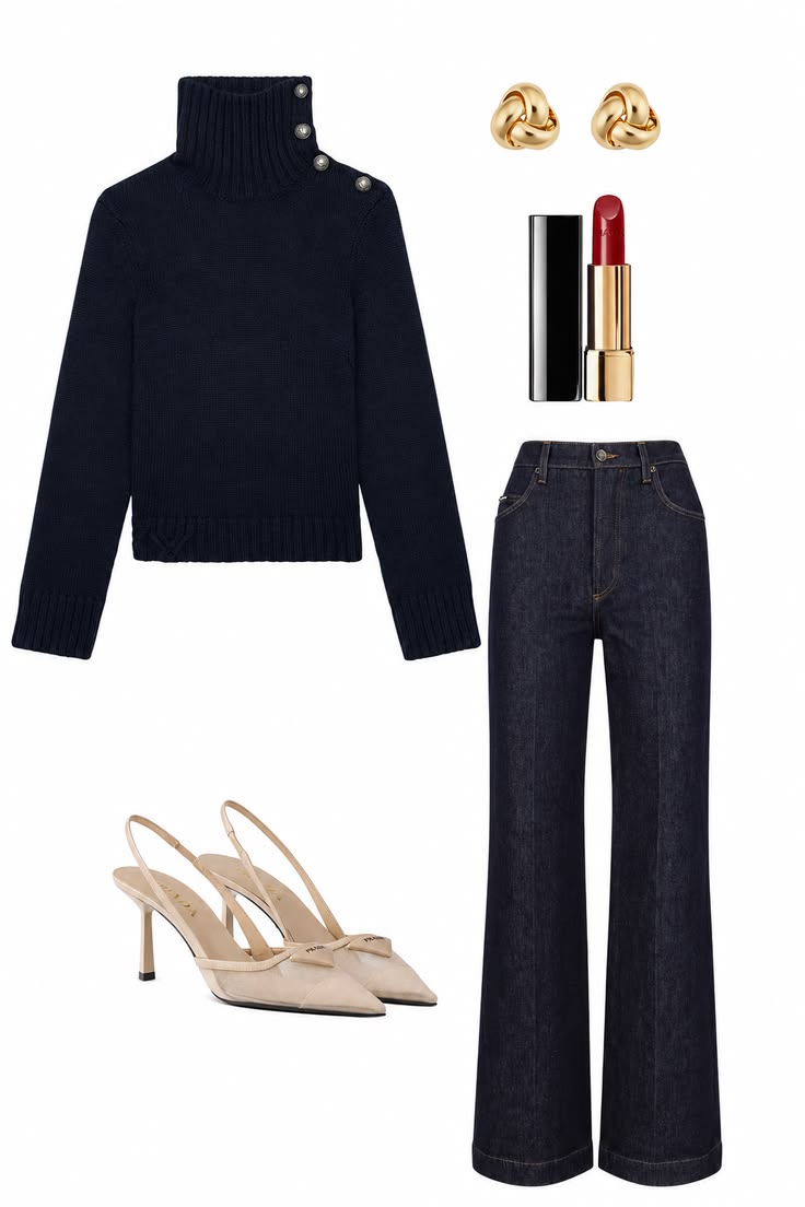 Navy turtleneck sweater styled with dark wide-leg jeans, neutral slingback heels, gold knot earrings, and red lipstick.