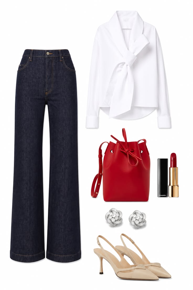White tie-front blouse with dark wide-leg jeans, a red bucket bag, nude slingback heels and crystal earrings