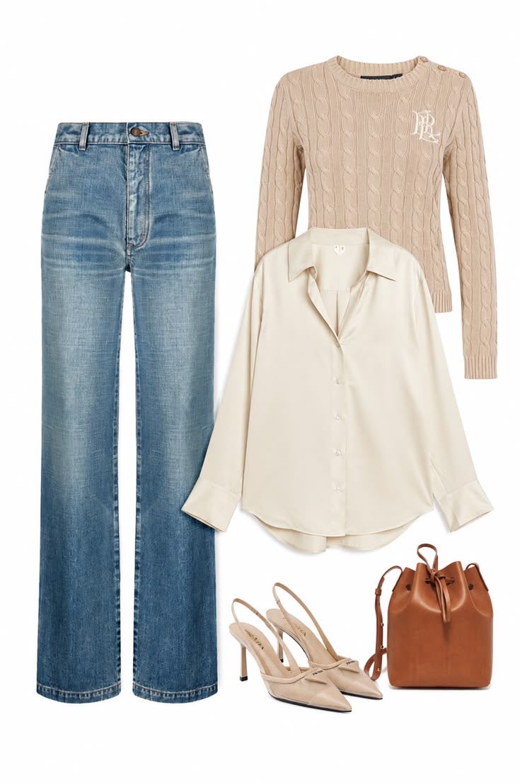 Light-wash wide-leg jeans styled with an ivory satin shirt, camel cable-knit sweater, brown bucket bag, and neutral slingback heels.