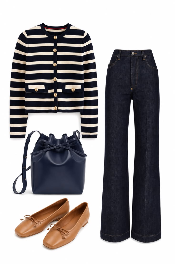 Navy and ivory striped cardigan with gold buttons styled with dark wide-leg jeans, navy bucket bag, and tan ballet flats.