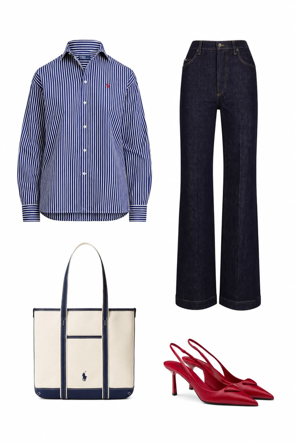 Blue striped button-down shirt with dark wide-leg jeans, a cream-and-navy tote, and red slingback heels.
