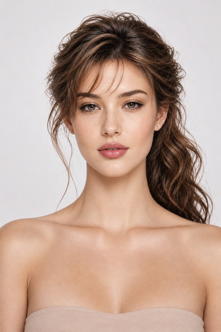 Textured brunette low ponytail with wispy fringe and softly waved lengths for a polished busy-morning hairstyle.
