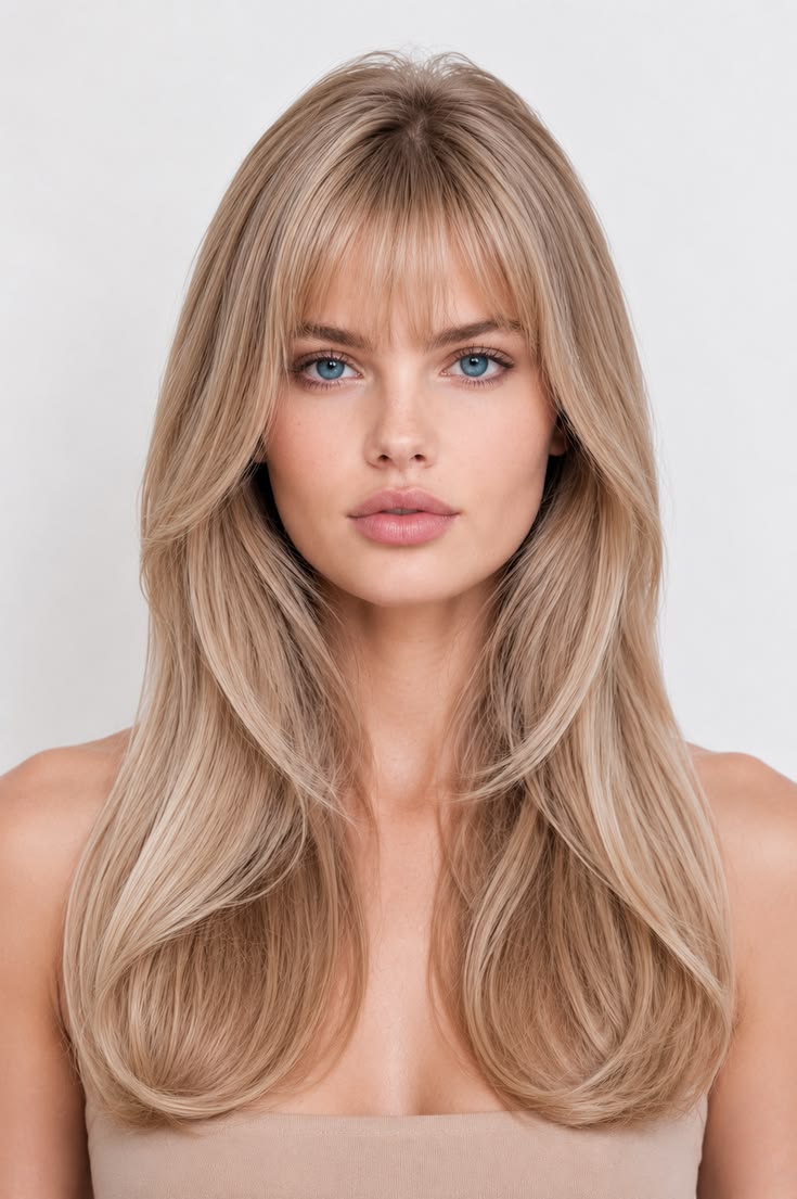 Smooth ash-blonde layered blowout with full fringe and softly curved ends for a polished everyday hairstyle.