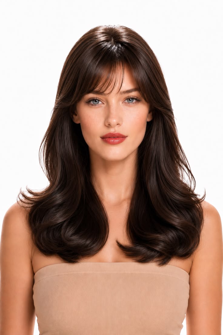 Glossy dark brunette long layers with curtain fringe and softly flipped ends for a quick polished hairstyle.