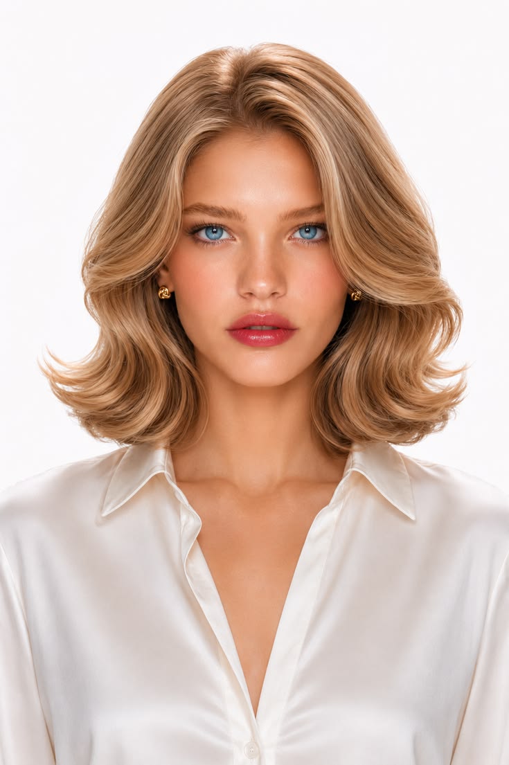 Shoulder-length blonde blowout with a smooth center part, lifted layers, and polished flipped ends.