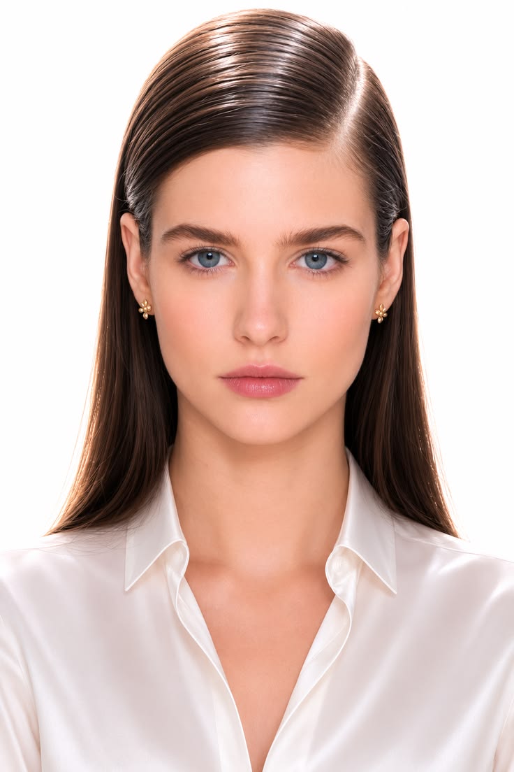 Sleek dark brunette hair with a deep side part and straight tucked lengths for a polished work hairstyle.
