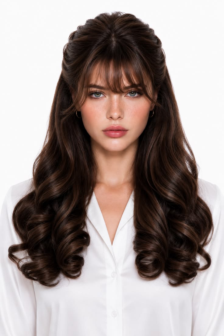 Polished brunette half-up hairstyle with full bangs, lifted crown volume, and long curled ends.
