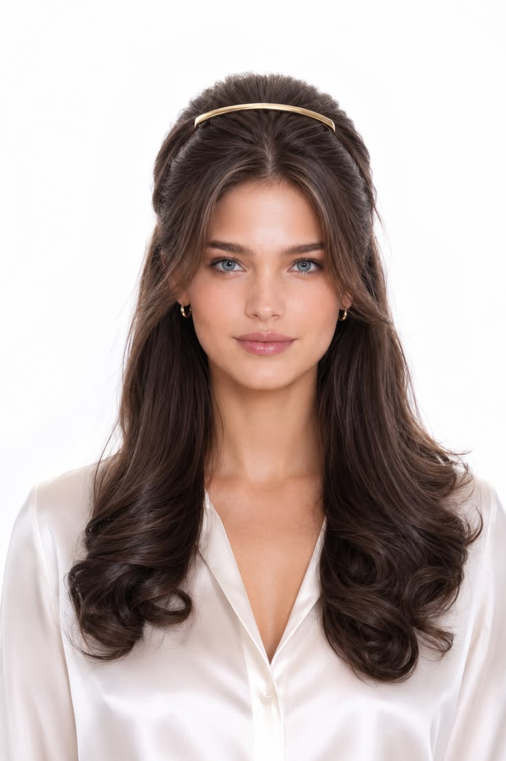 Brunette half-up hairstyle with a slim gold headband, soft crown volume, and long curved ends.