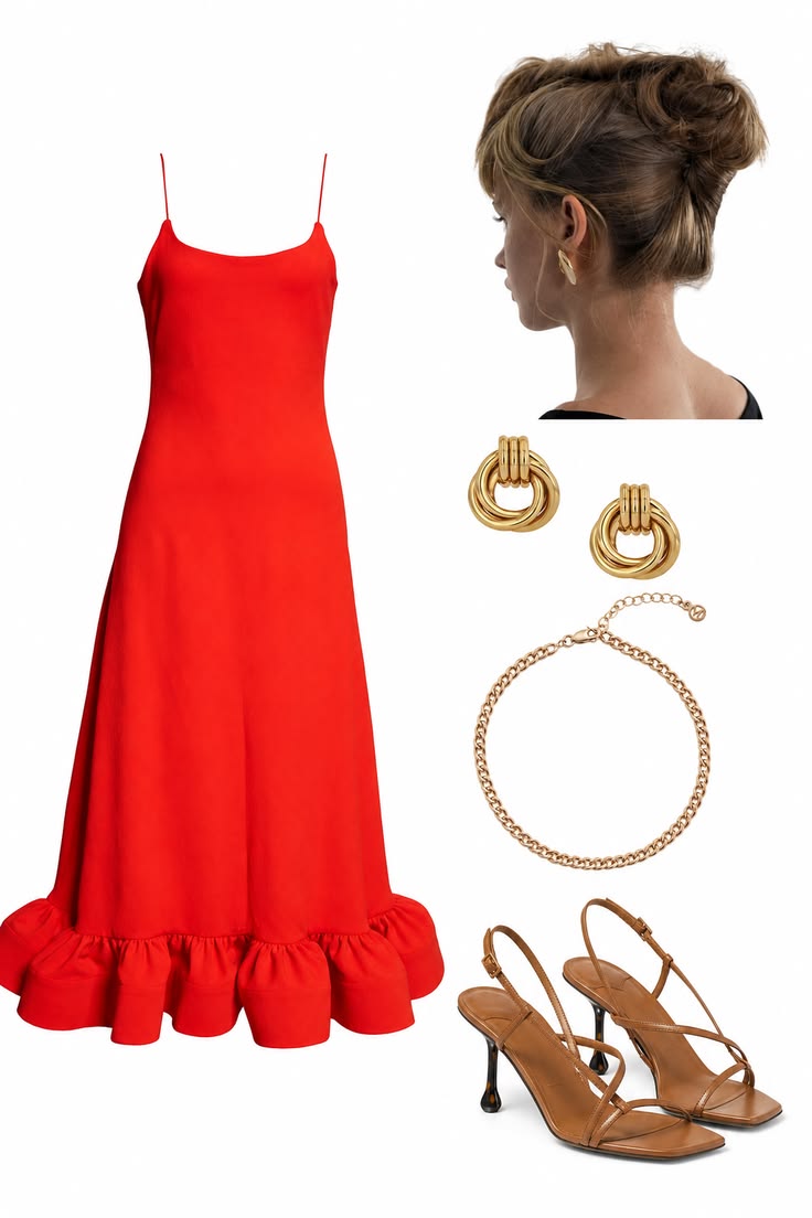 Red ruffle-hem dress styled with sculptural gold earrings, a fine gold chain and warm brown strappy heels