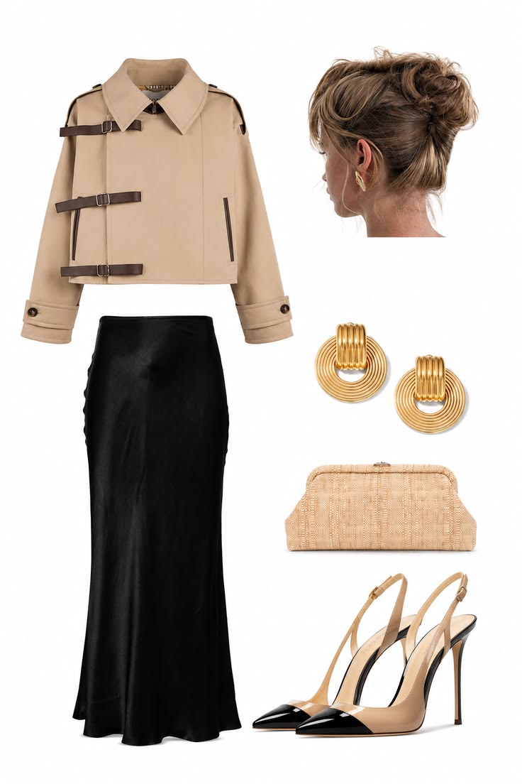 Cropped beige trench jacket and black satin maxi skirt styled with gold earrings, a woven neutral clutch and cap-toe slingback heels