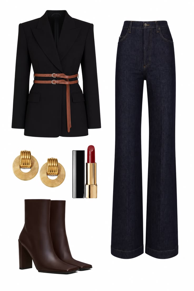 Black blazer cinched with a slim brown leather belt and styled with dark wide-leg jeans, gold earrings, red lipstick and brown ankle boots