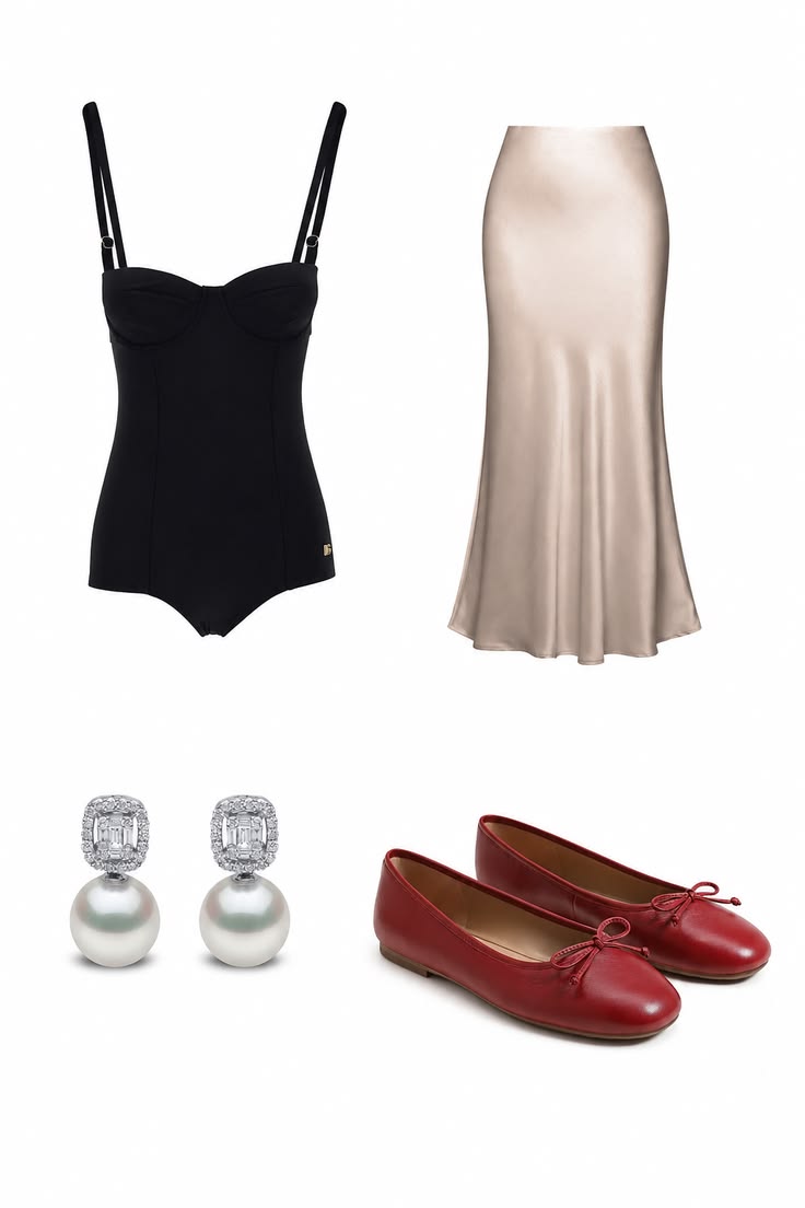 Black fitted top and champagne satin skirt styled with pearl drop earrings and red ballet flats