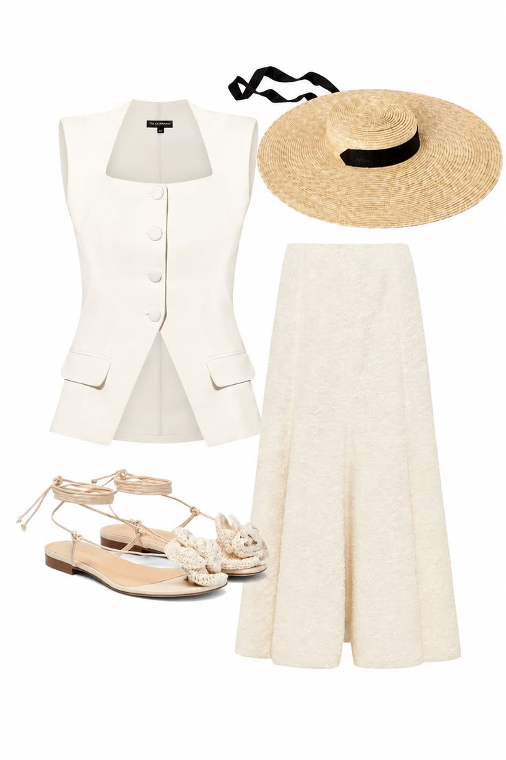 Ivory tailored vest and long A-line skirt styled with a wide-brim straw hat and flat woven sandals