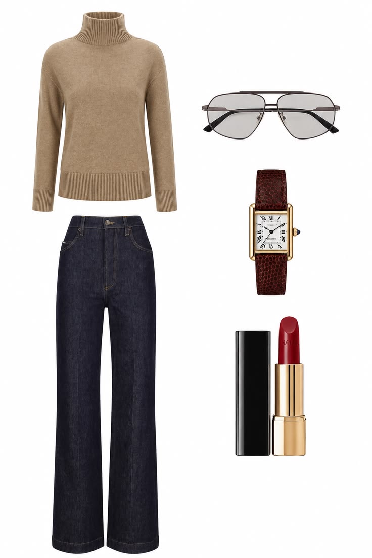 Camel turtleneck and dark wide-leg jeans styled with structured aviator sunglasses, a leather-strap watch and red lipstick