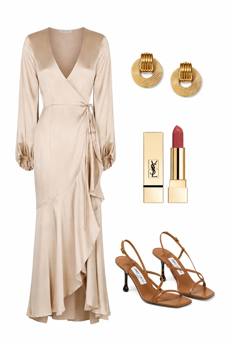 Champagne satin wrap dress styled with sculptural gold earrings, rose lipstick and warm brown strappy heels