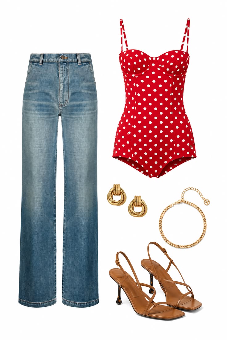 Red polka-dot top and light-wash wide-leg jeans styled with gold earrings, a fine gold chain bracelet and brown strappy heels