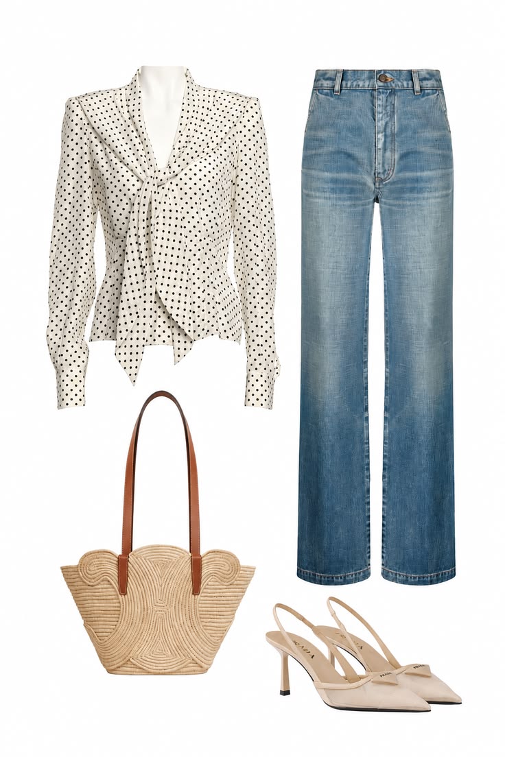Ivory polka-dot tie-neck blouse and light-wash wide-leg jeans styled with a woven raffia tote and nude slingback heels