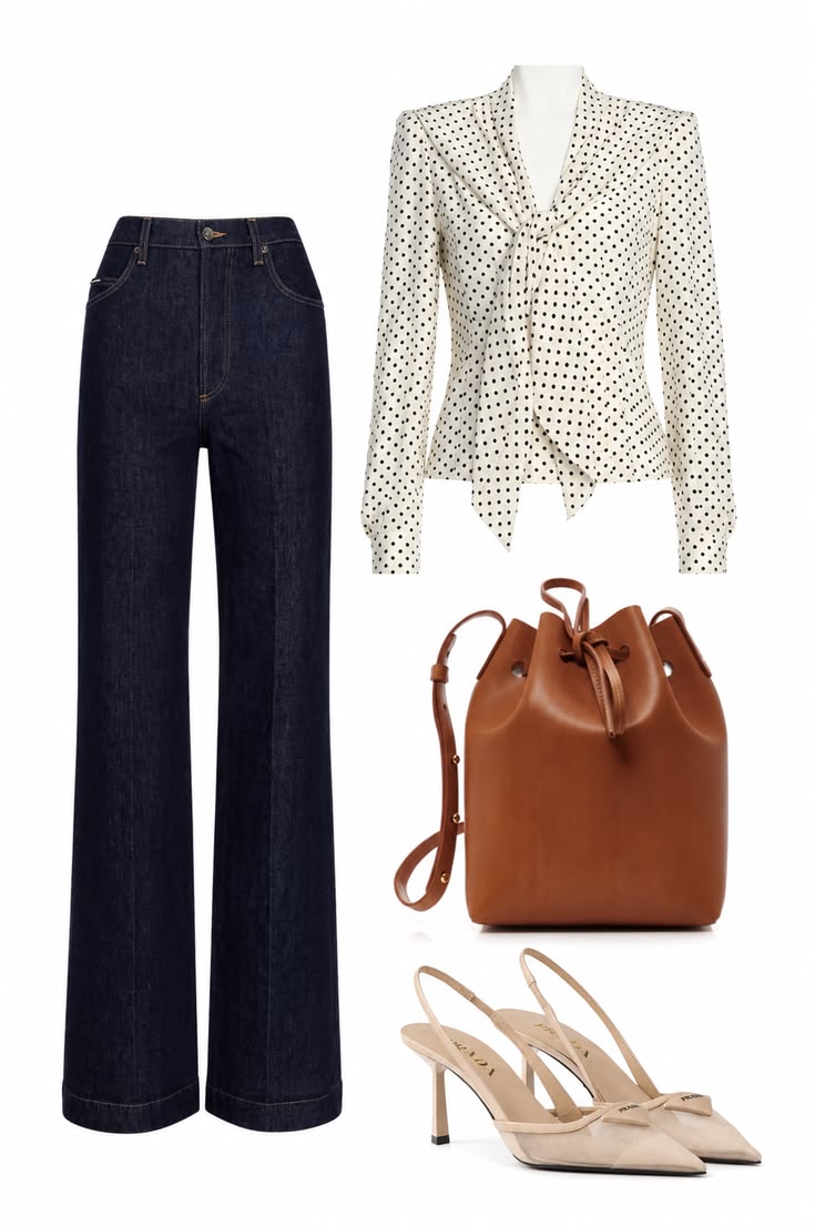 Ivory polka-dot tie-neck blouse and dark wide-leg jeans styled with a cognac leather bucket bag and nude slingback heels