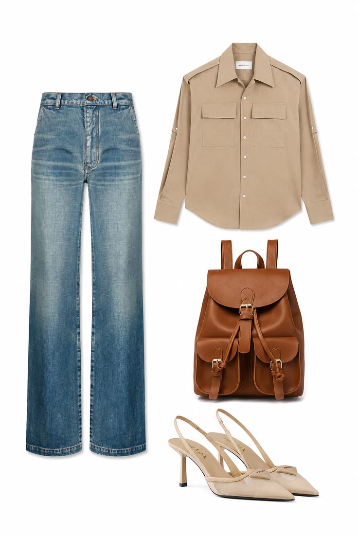 Beige utility shirt and light-wash wide-leg jeans styled with a polished cognac leather backpack and nude slingback heels