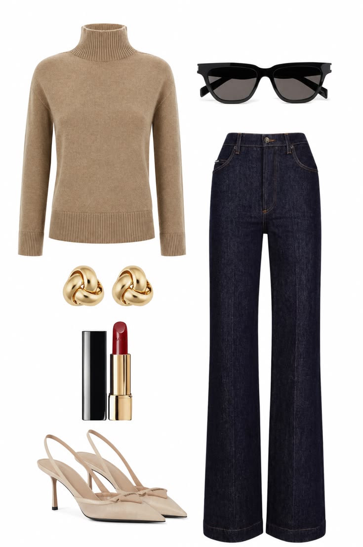 Camel turtleneck and dark wide-leg jeans styled with black sunglasses, gold earrings, red lipstick and nude slingback heels