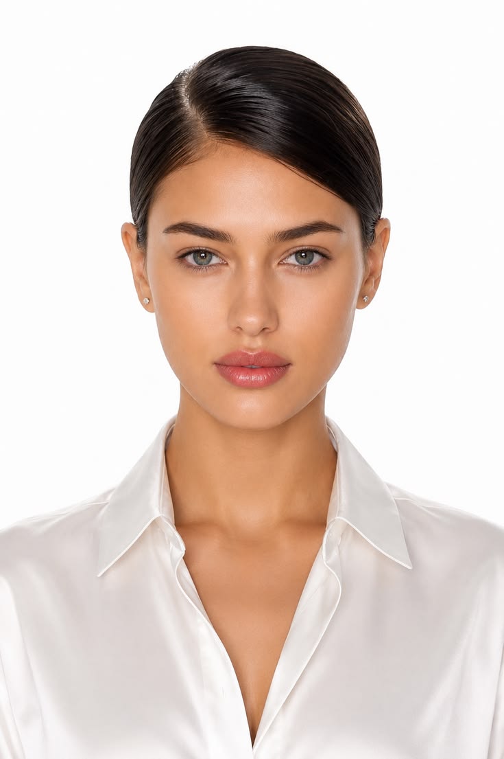 Sleek deep side-part low bun with a smooth glossy finish for an elegant polished hairstyle.