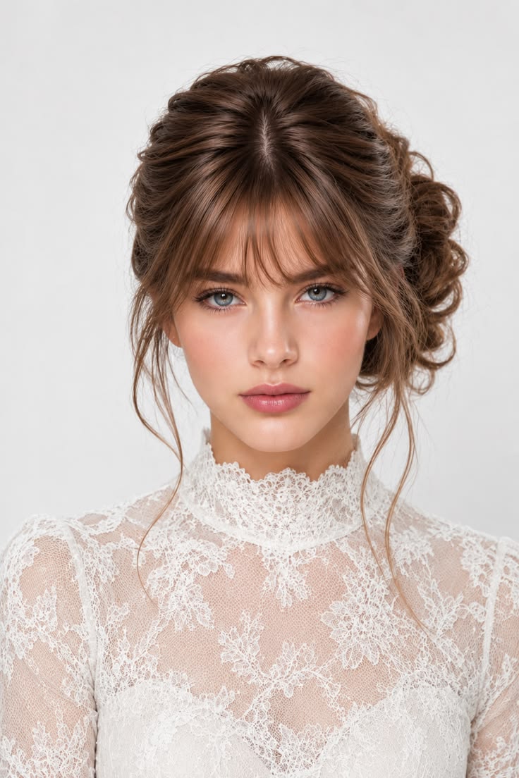 Textured side bun with wispy bangs and soft face-framing pieces for an elegant romantic updo.