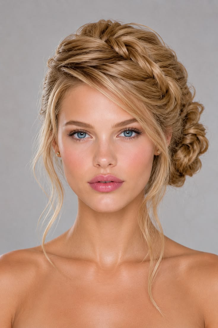 Braided crown hairstyle flowing into a low side chignon with soft face-framing strands.