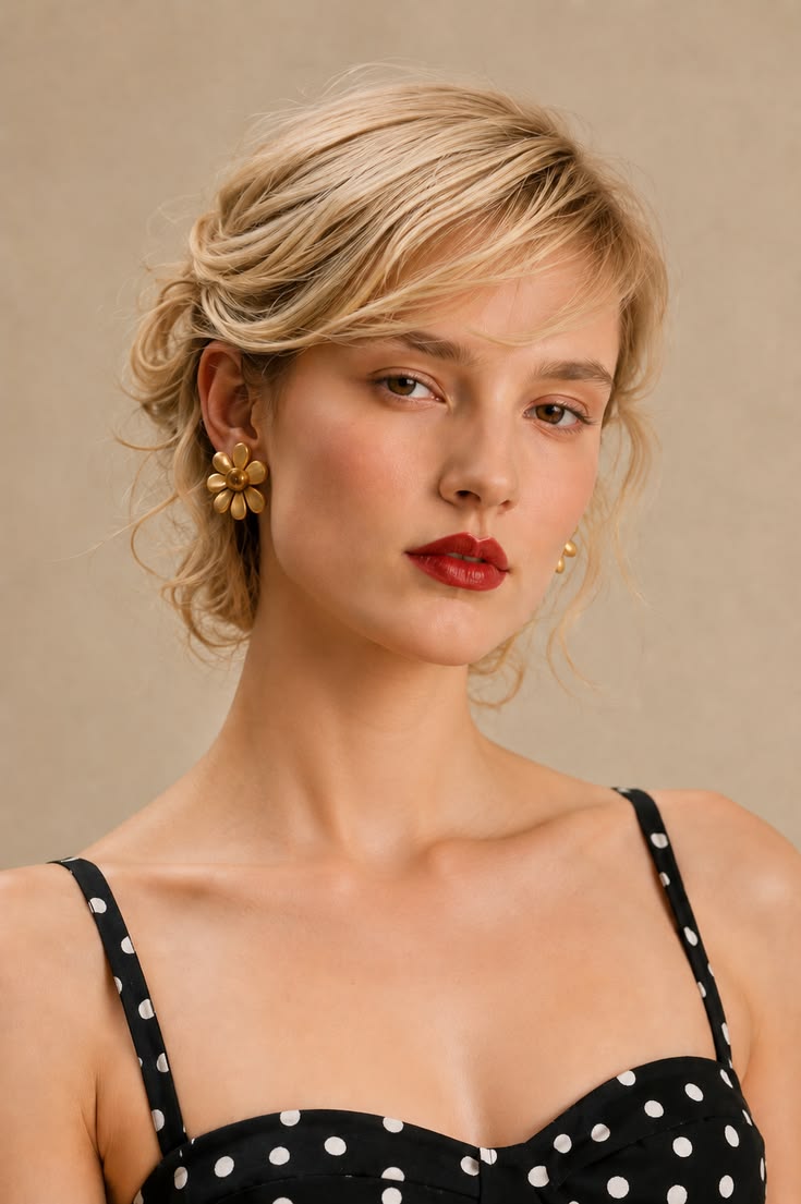 Side-swept tucked chignon with smooth layered sections and a softly polished finish.