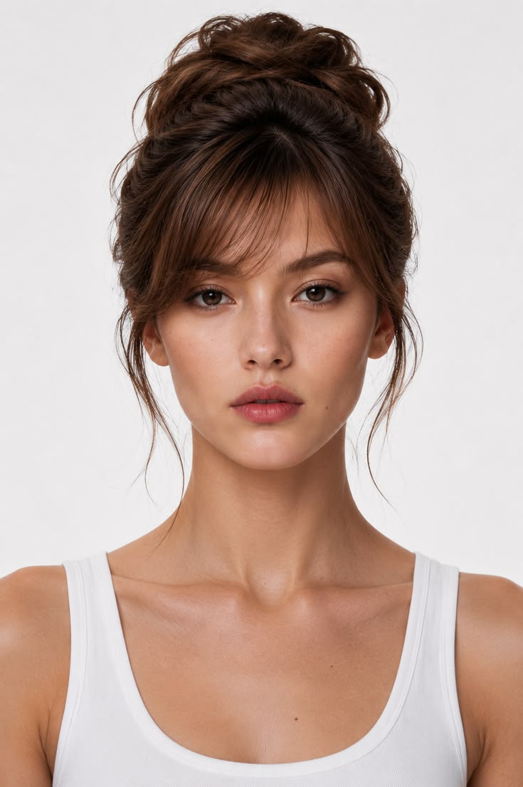 Textured high bun with soft curtain bangs and delicate face-framing pieces.