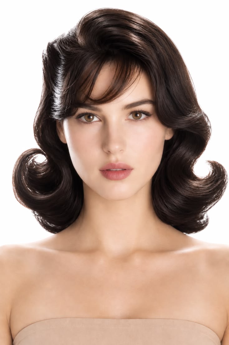 Vintage-inspired faux bob hairstyle with glossy sculpted volume and softly flipped ends.