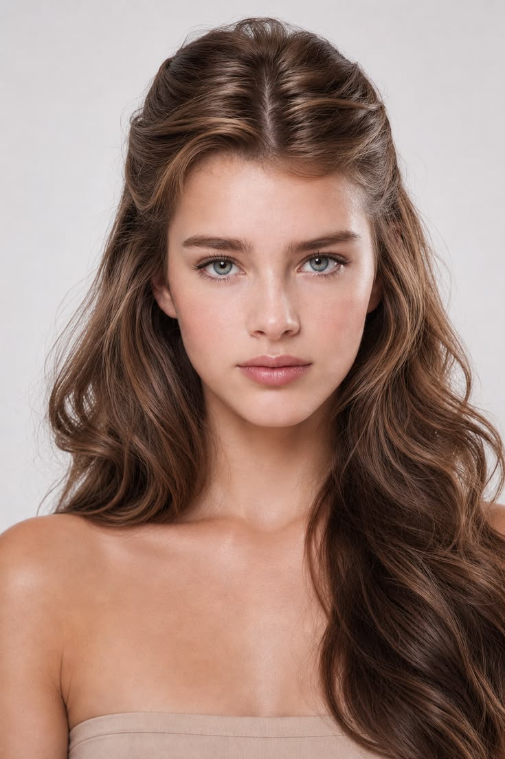 Voluminous half-up hairstyle with softly pinned sides and long polished brunette waves.