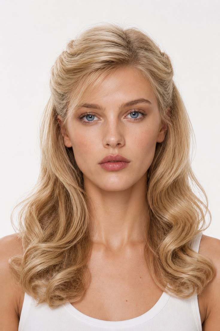 Soft half-up twist with polished blonde curls and gentle volume through the crown.