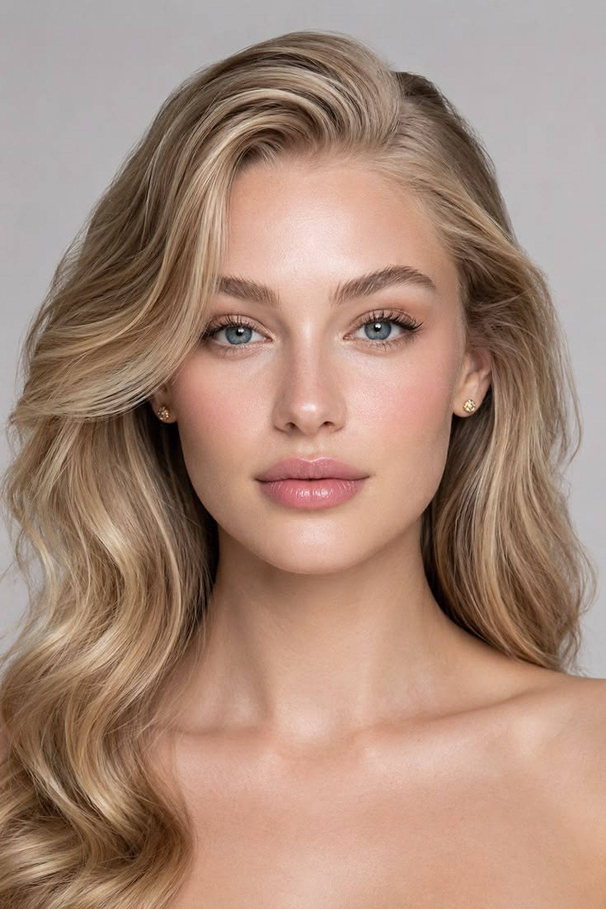 Long blonde soft glam waves with a deep side part and smooth sculpted front section.
