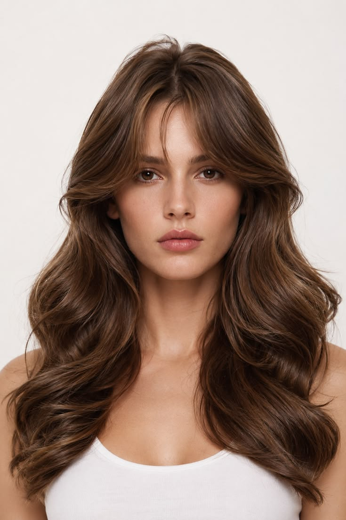 Long voluminous brunette layers with center-parted curtain bangs and glossy waves.